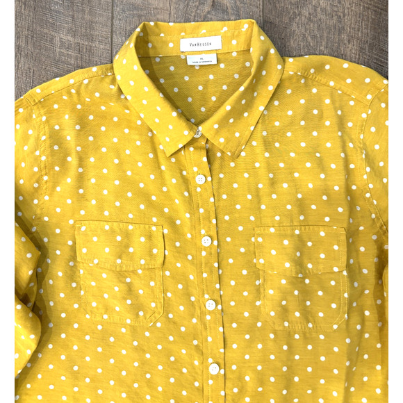 Van Heusen Women's Top XL Mustard Yellow Polka Dot Long Sleeve - Picture 2 of 6